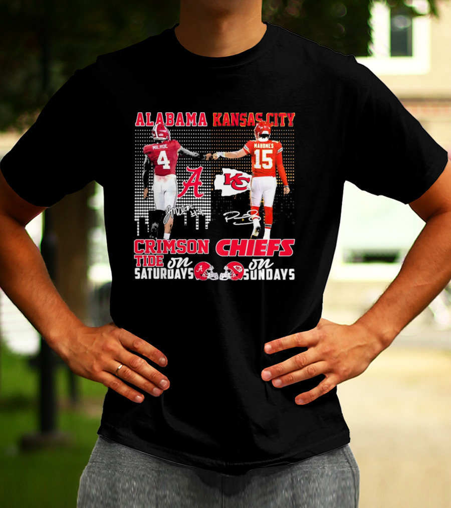 Alabama Crimson Tide Jalen Milroe Saturdays X Kansas City Chiefs Patrick Mahomes Sundays T-Shirt