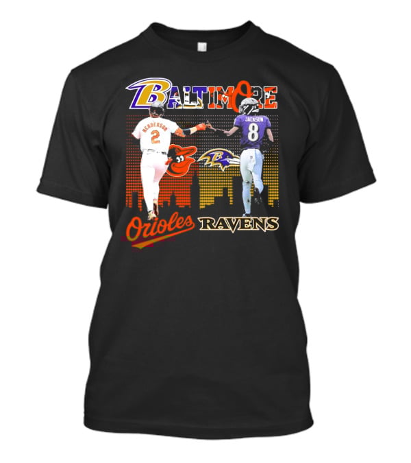 Baltimore Orioles Gunnar Henderson Baltimore Ravens Lamar Jackson City Skyline T-Shirt