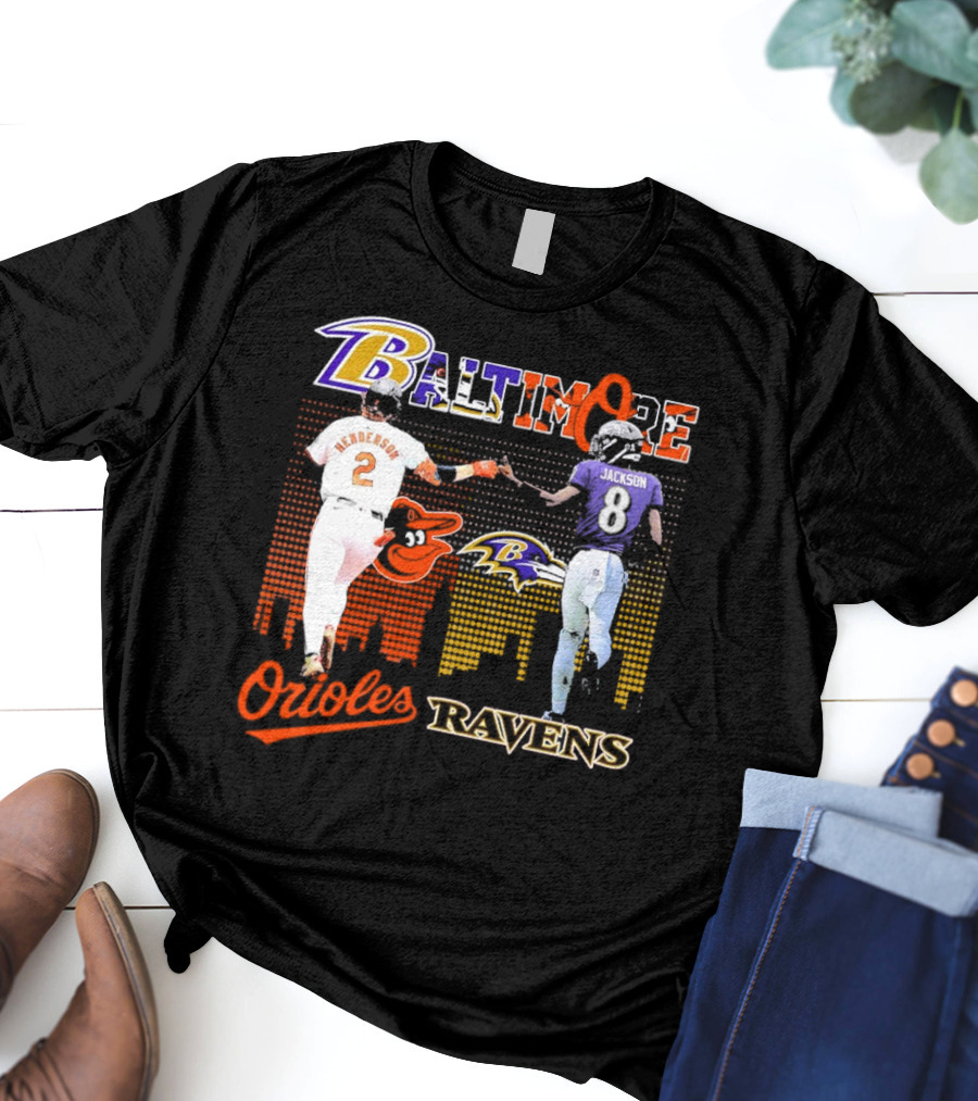 Baltimore Orioles Gunnar Henderson Baltimore Ravens Lamar Jackson City Skyline T-Shirt