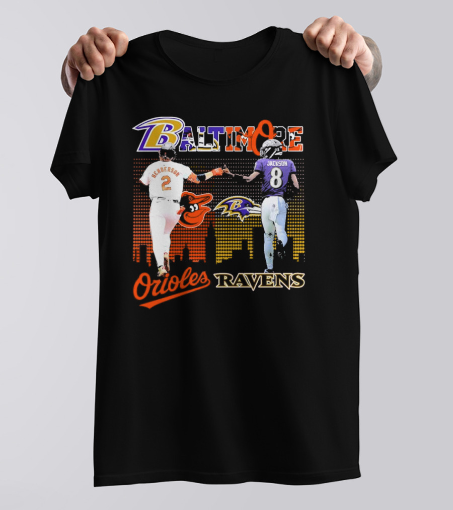 Baltimore Orioles Gunnar Henderson Baltimore Ravens Lamar Jackson City Skyline T-Shirt