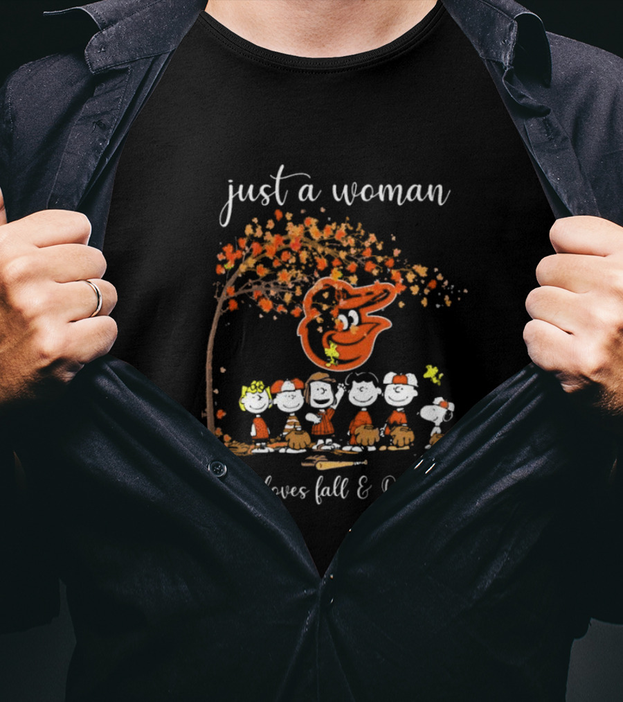 Peanuts Characters Just A Woman Who Loves Fall And Orioles T-Shirt