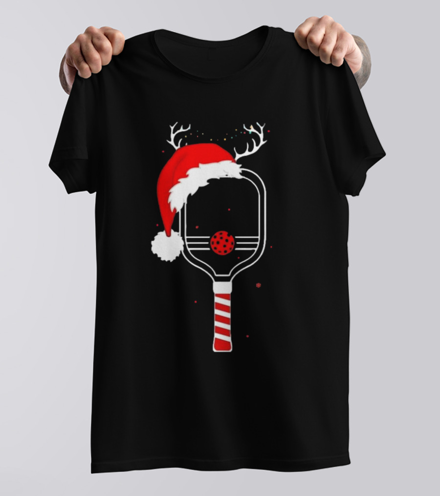 Pickleball Holiday Reindeer Santa Hat Christmas Paddle T-Shirt