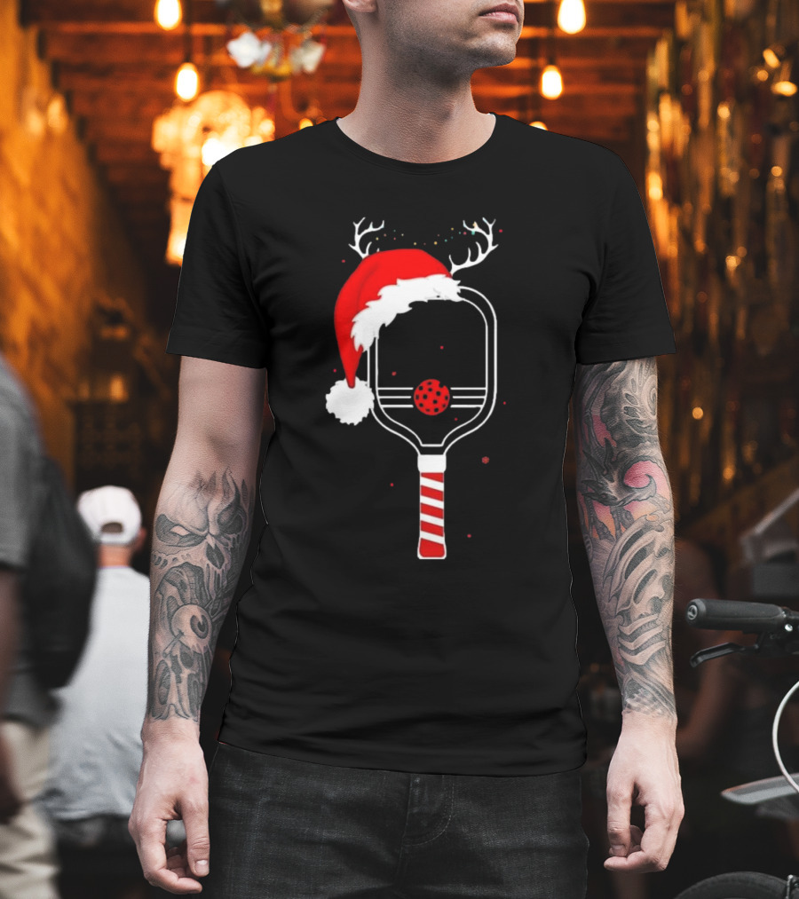 Pickleball Holiday Reindeer Santa Hat Christmas Paddle T-Shirt