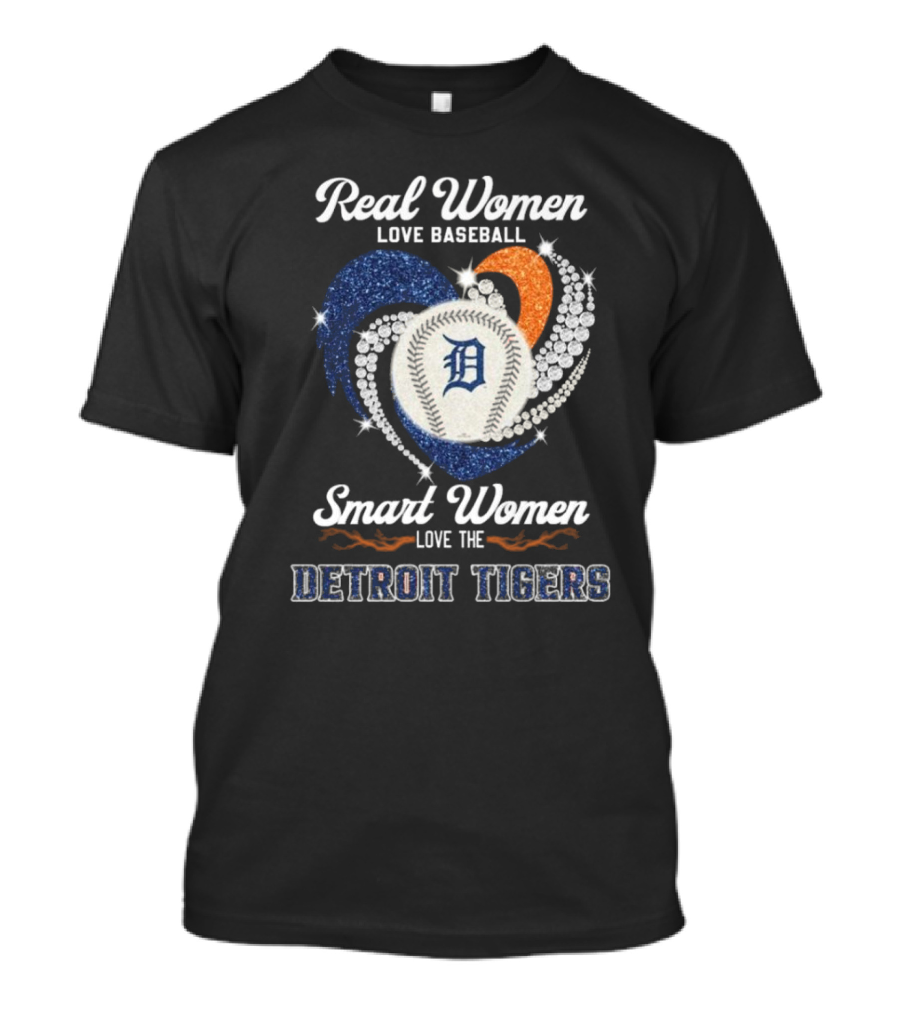 Real Women Love Baseball Smart Women Love The Detroit Tigers Diamond Heart T-Shirt