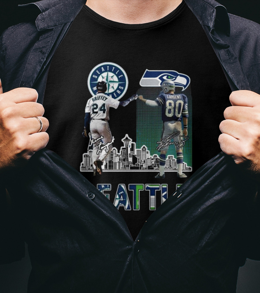 Seattle Mariners Griffey Seahawks Largent City Skyline Signatures T-Shirt