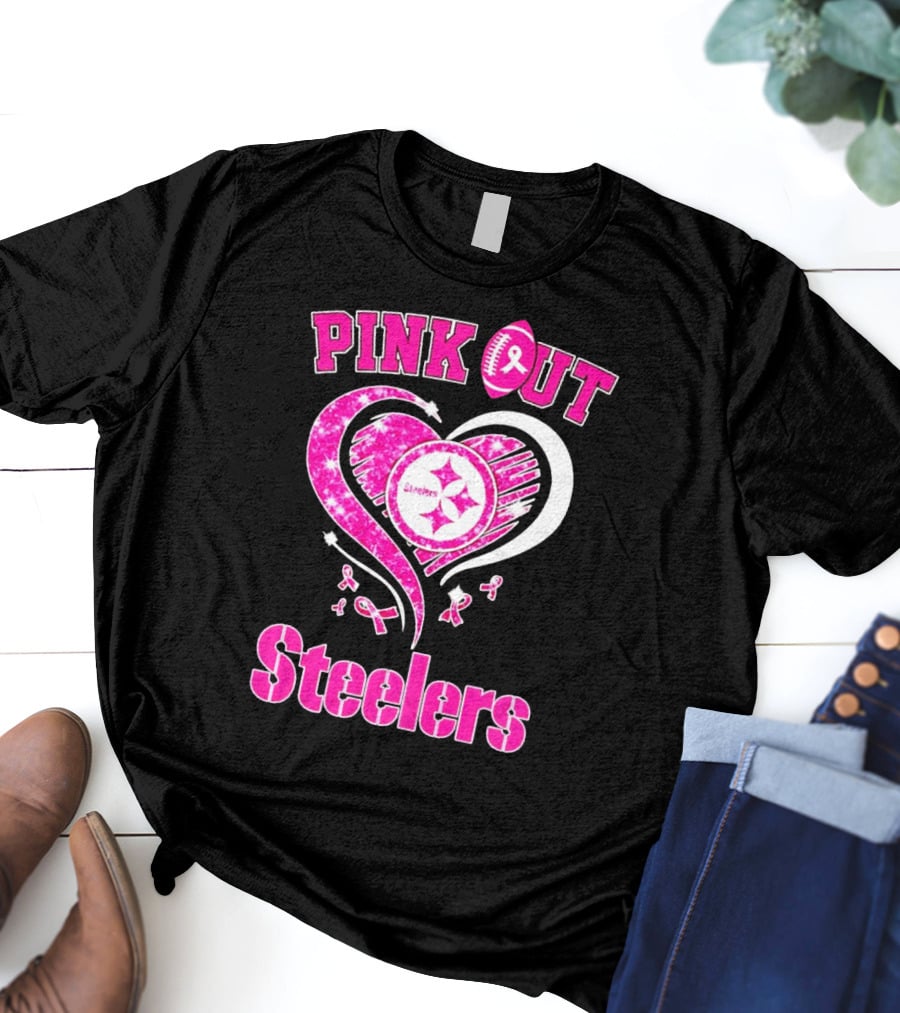 Pink Out Steelers Breast Cancer Heart Diamond T-Shirt