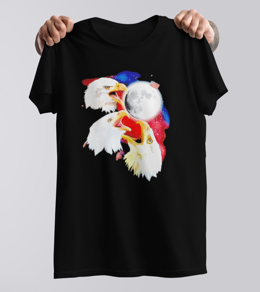 Three Eagles To The Moon American Flag Lunar Trio T-Shirt