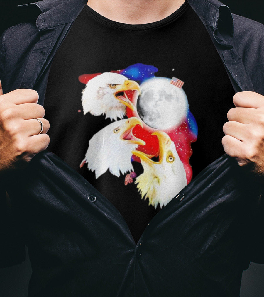 Three Eagles To The Moon American Flag Lunar Trio T-Shirt