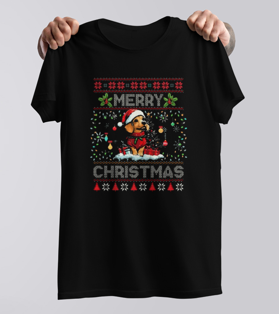Merry Christmas Dachshund With Santa Hat And Holiday Lights Decorations Dog Lover Xmas T-Shirt