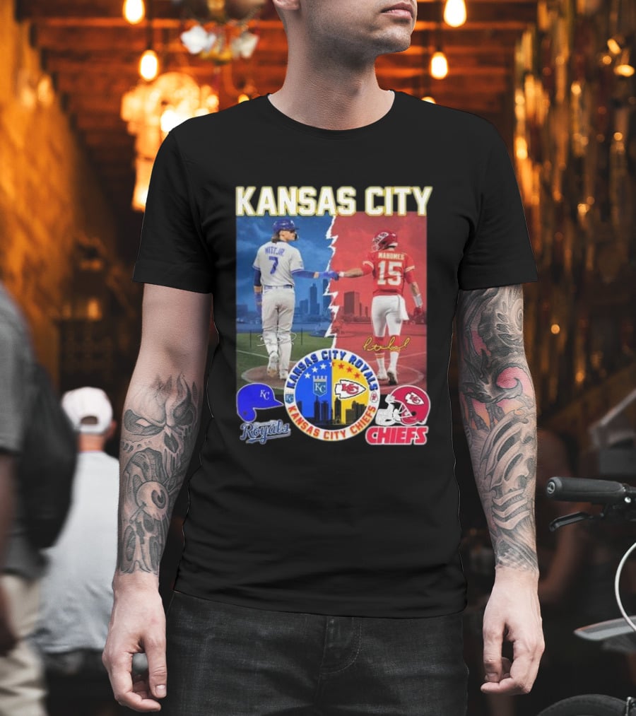 Kansas City Royals Bobby Witt Jr And Chiefs Patrick Mahomes Skyline Logos And Signatures T-Shirt