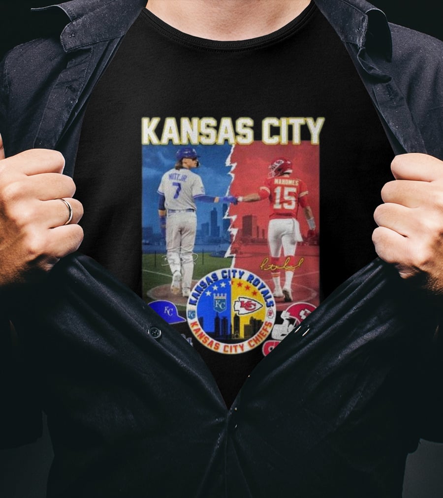 Kansas City Royals Bobby Witt Jr And Chiefs Patrick Mahomes Skyline Logos And Signatures T-Shirt