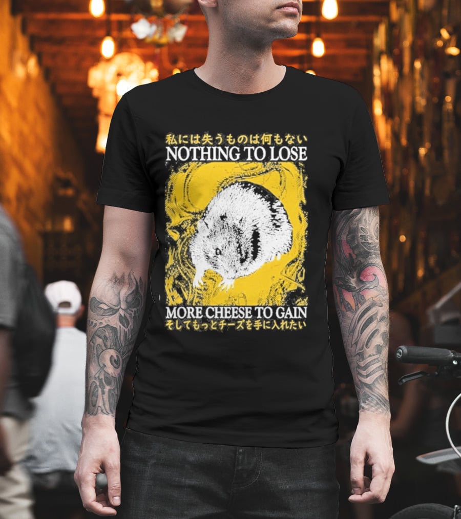 Nothing To Lose More Cheese To Gain Lukathemouse Yellow Background Japanese Text T-Shirt