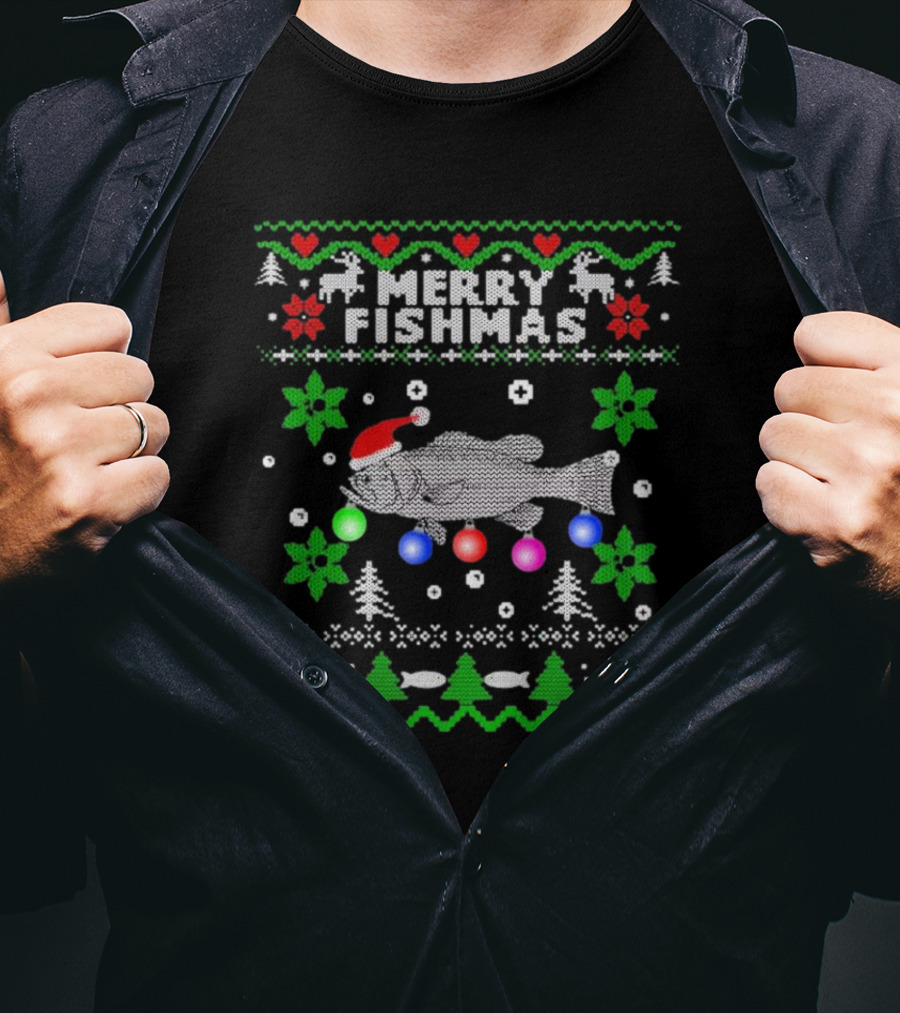 Merry Fishmas Large Mouth Bass Ugly Christmas Fishing Holiday T-Shirt