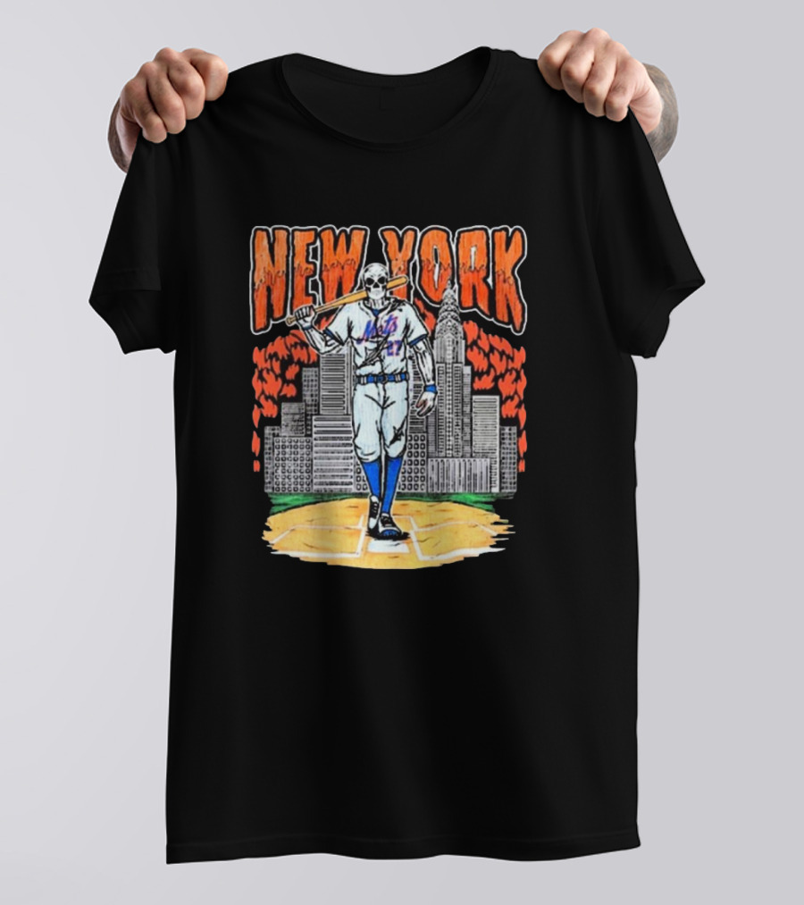 Reed Garrett New York Mets MLB Painting Skeleton Batter City Skyline T-Shirt