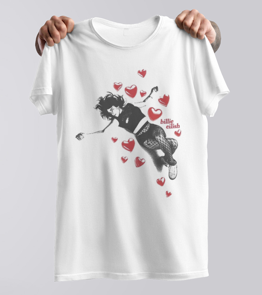 Billie Eilish Surrounded By Floating Red Hearts Valentine T-Shirt