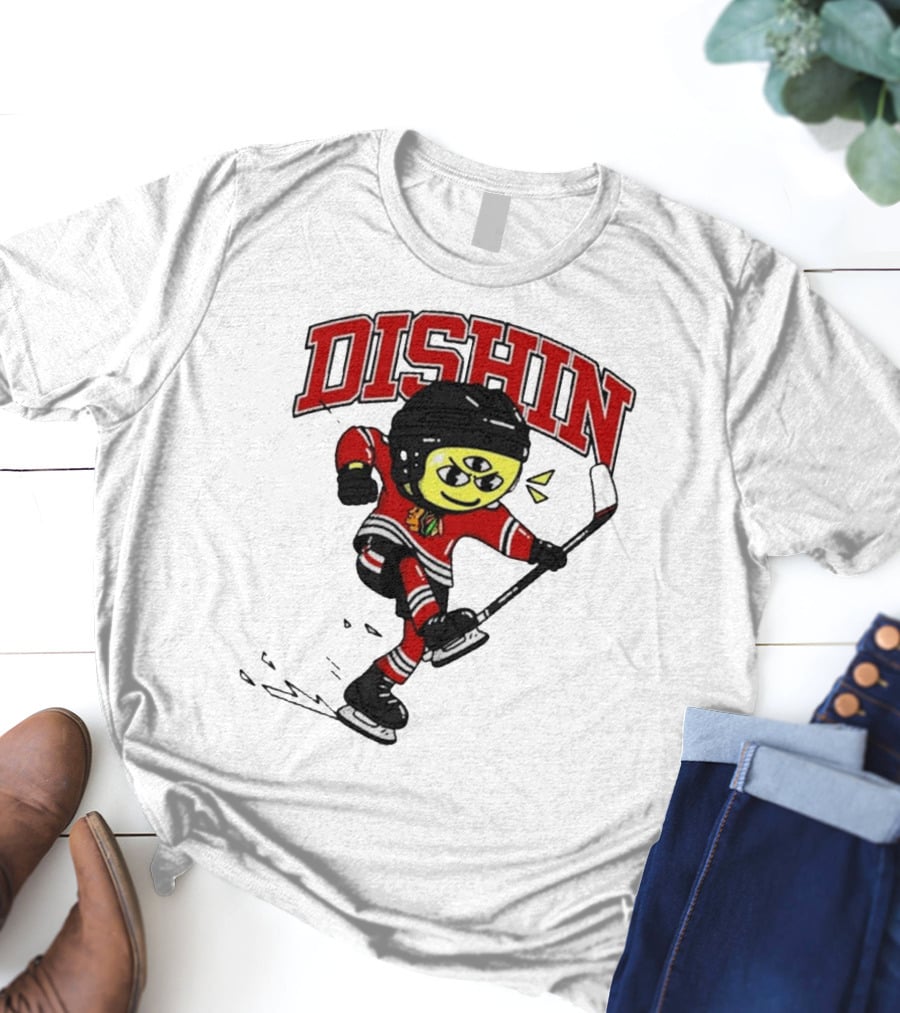 Chicago Blackhawks Just Dishin Hockey Player Cartoon Character Skating T-Shirt