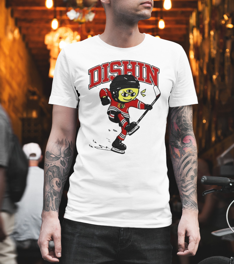 Chicago Blackhawks Just Dishin Hockey Player Cartoon Character Skating T-Shirt
