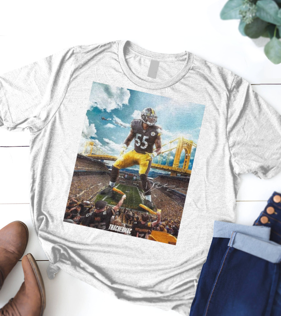 Thachermac Pittsburgh Steelers 55 Player In Stadium With Signature And Bridge Background T-Shirt
