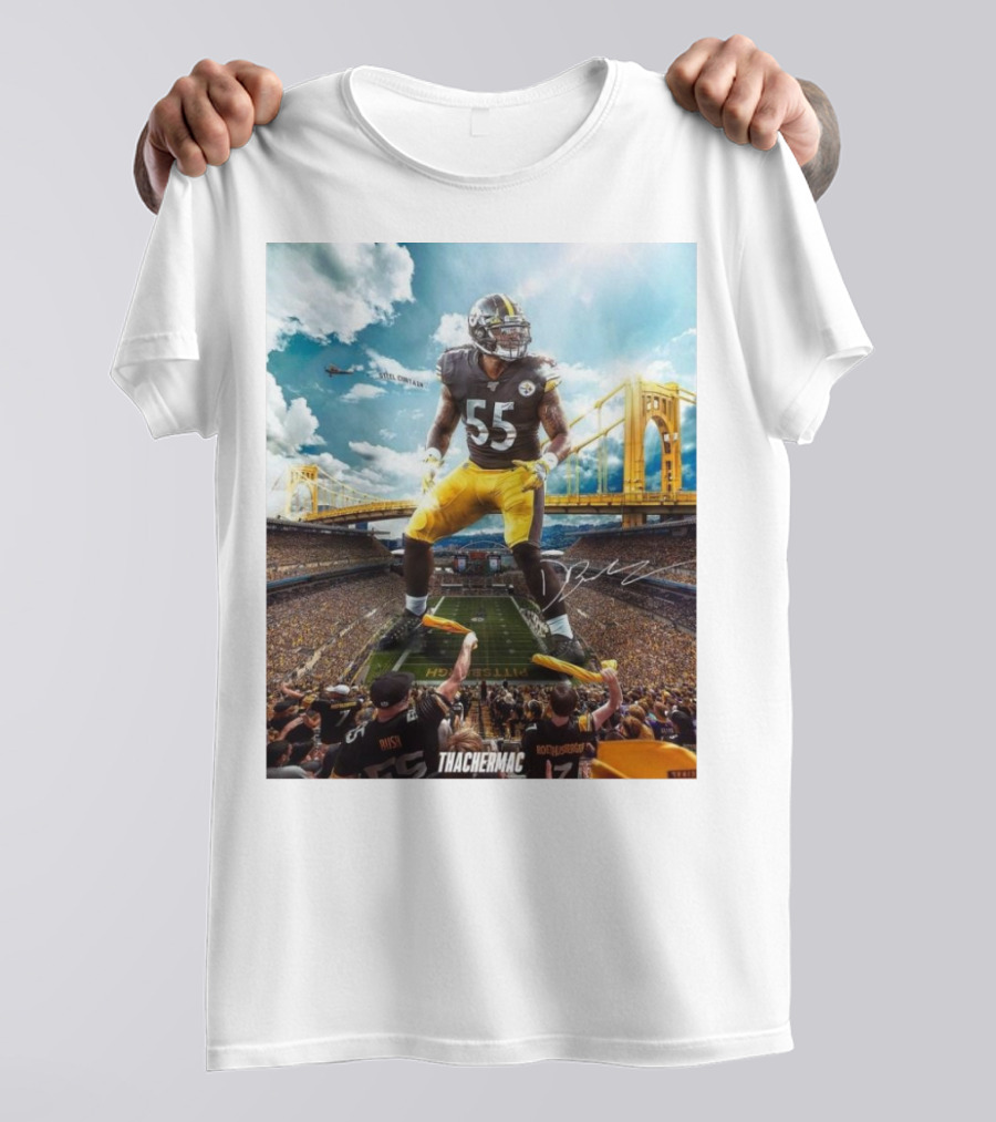 Thachermac Pittsburgh Steelers 55 Player In Stadium With Signature And Bridge Background T-Shirt