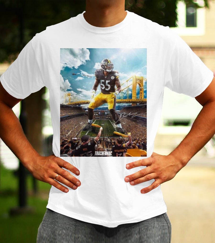 Thachermac Pittsburgh Steelers 55 Player In Stadium With Signature And Bridge Background T-Shirt