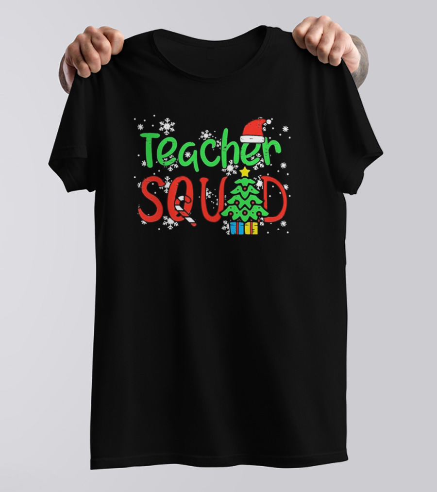 Teacher Squad Christmas Tree Candy Cane Santa Hat Snowflakes T-Shirt