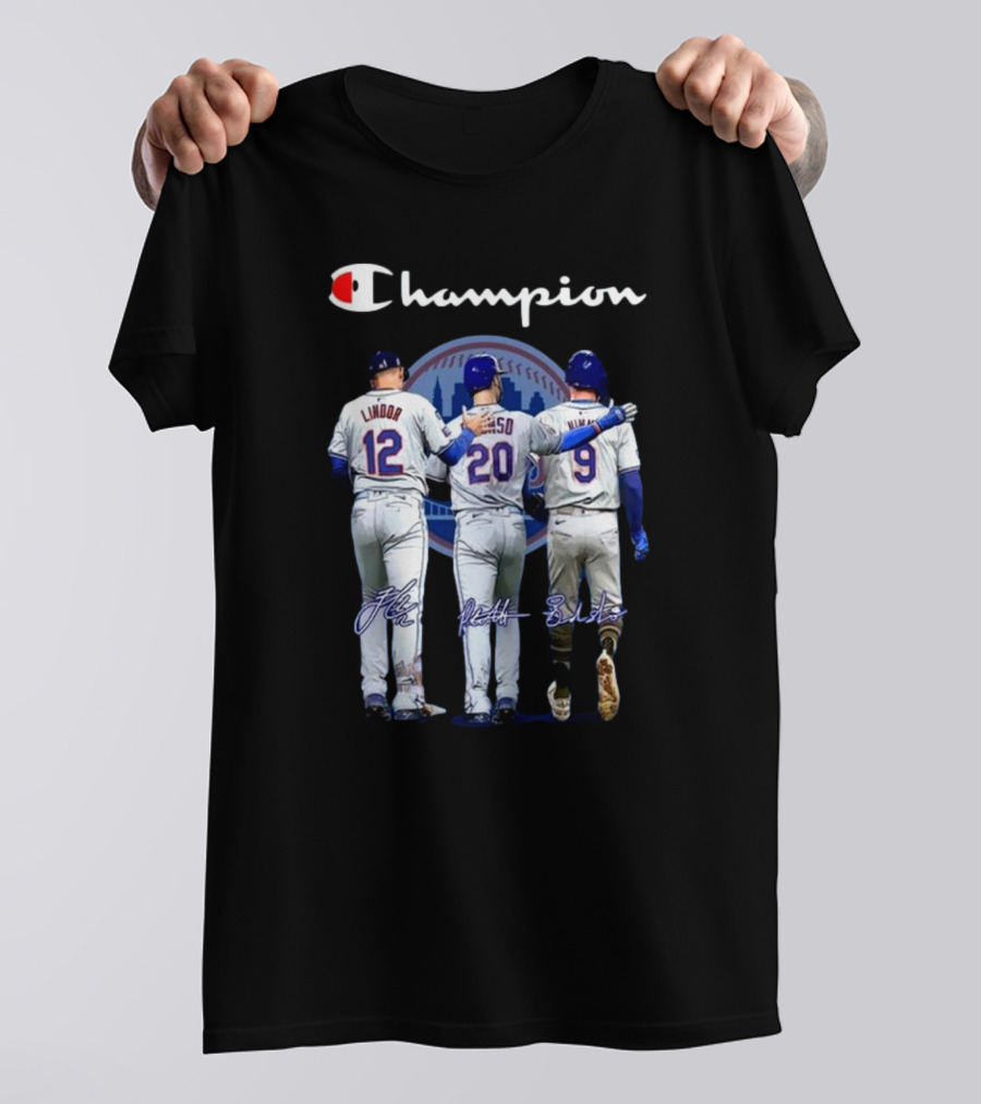 Champion New York Mets Lindor Alonso Nimmo Signatures Behind T-Shirt