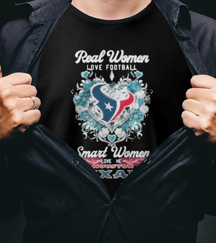Real Women Love Football Smart Women Love The Houston Texans Floral Diamonds Heart T-Shirt