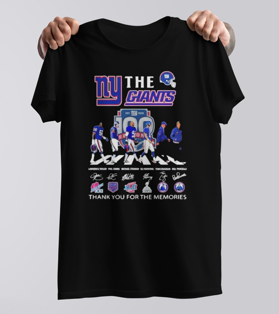 NY Giants 100 Seasons Abbey Road Lawrence Taylor Phil Simms Michael Strahan Eli Manning Tom Coughlin Bill Parcells Signatures Thank You For The Memories T-Shirt