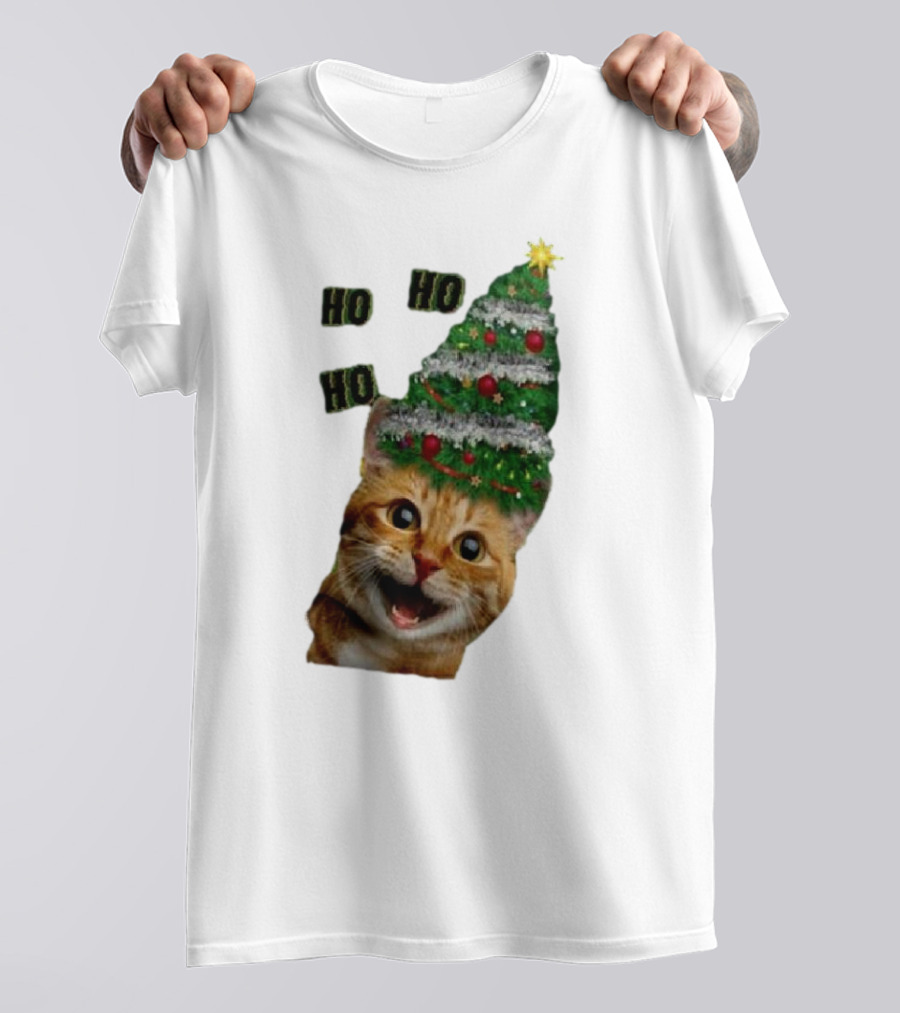 Cat With Christmas Tree Hat Ho Ho Ho Christmas T-Shirt