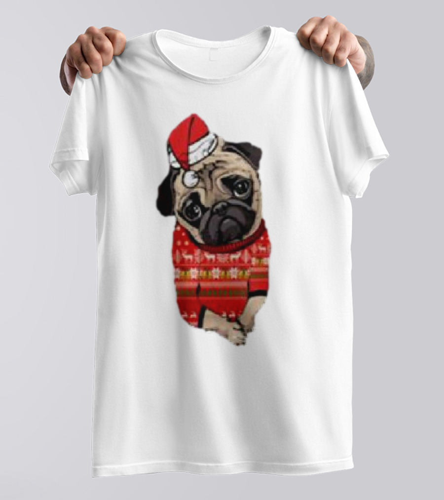 Lovely Pug Christmas Sweater Santa Hat Holiday T-Shirt
