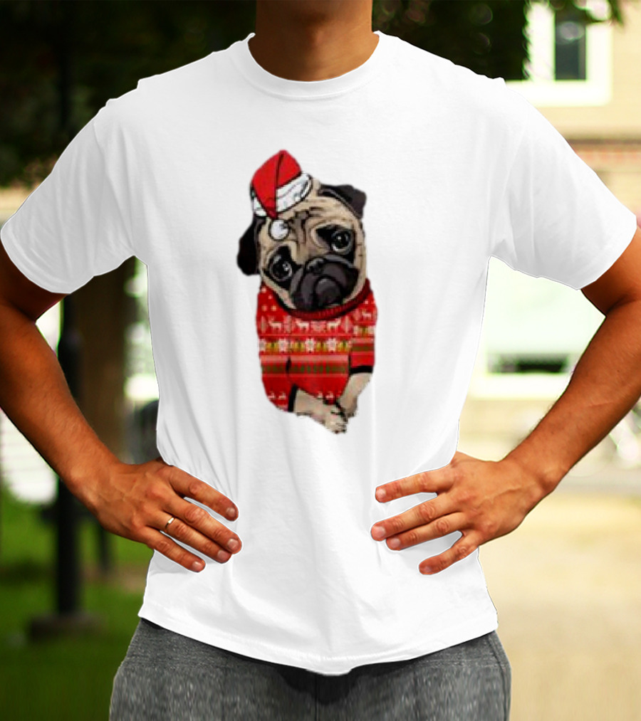 Lovely Pug Christmas Sweater Santa Hat Holiday T-Shirt