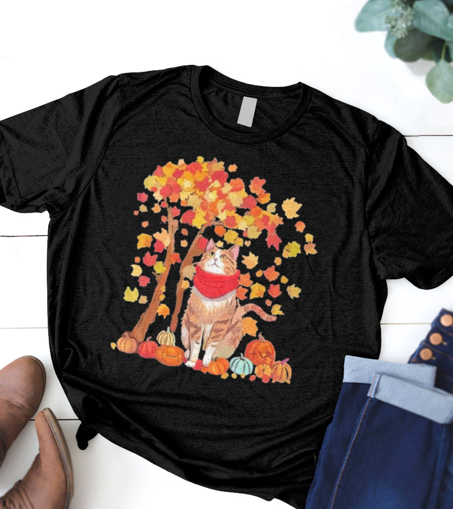 ItS Fall YAll Cat Leaf Fall Tree Hello Autumn Thanksgiving Pumpkin Scarf T-Shirt