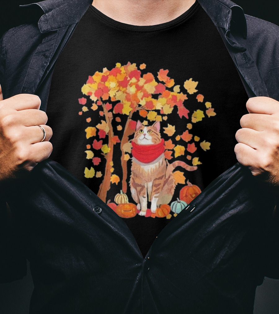 ItS Fall YAll Cat Leaf Fall Tree Hello Autumn Thanksgiving Pumpkin Scarf T-Shirt