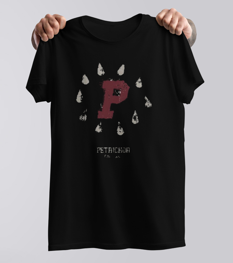 Rain Drops Surrounding Bold Red P Petrichor Rain T-Shirt