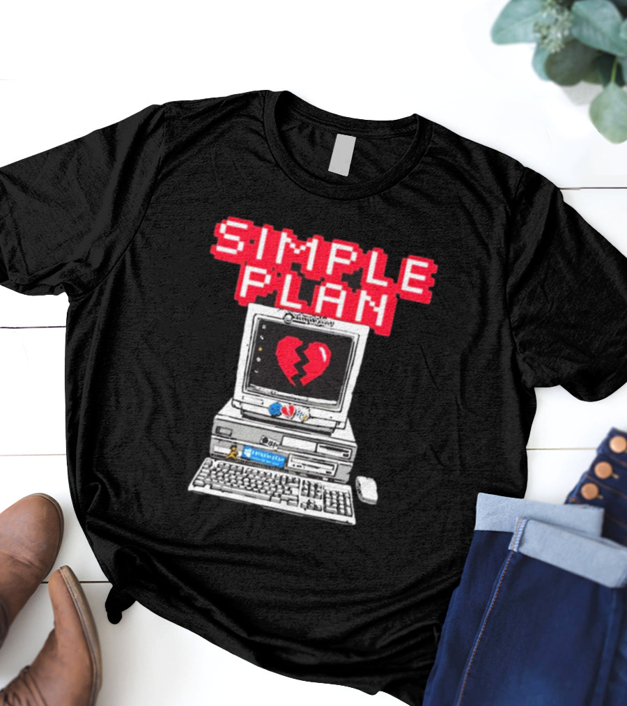 Simple Plan Retro Computer With Broken Heart Symbol T-Shirt