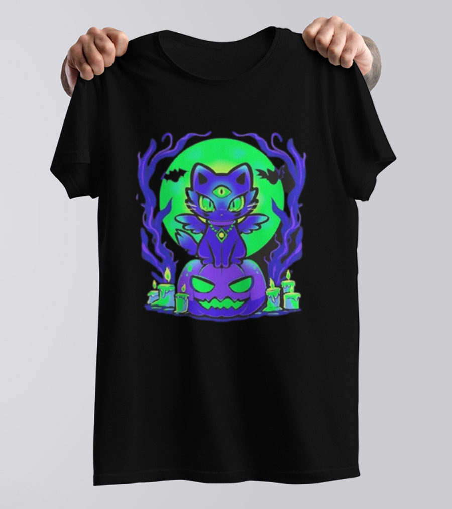 Spooky Moonlit Cat With Glowing Pumpkins And Bats T-Shirt