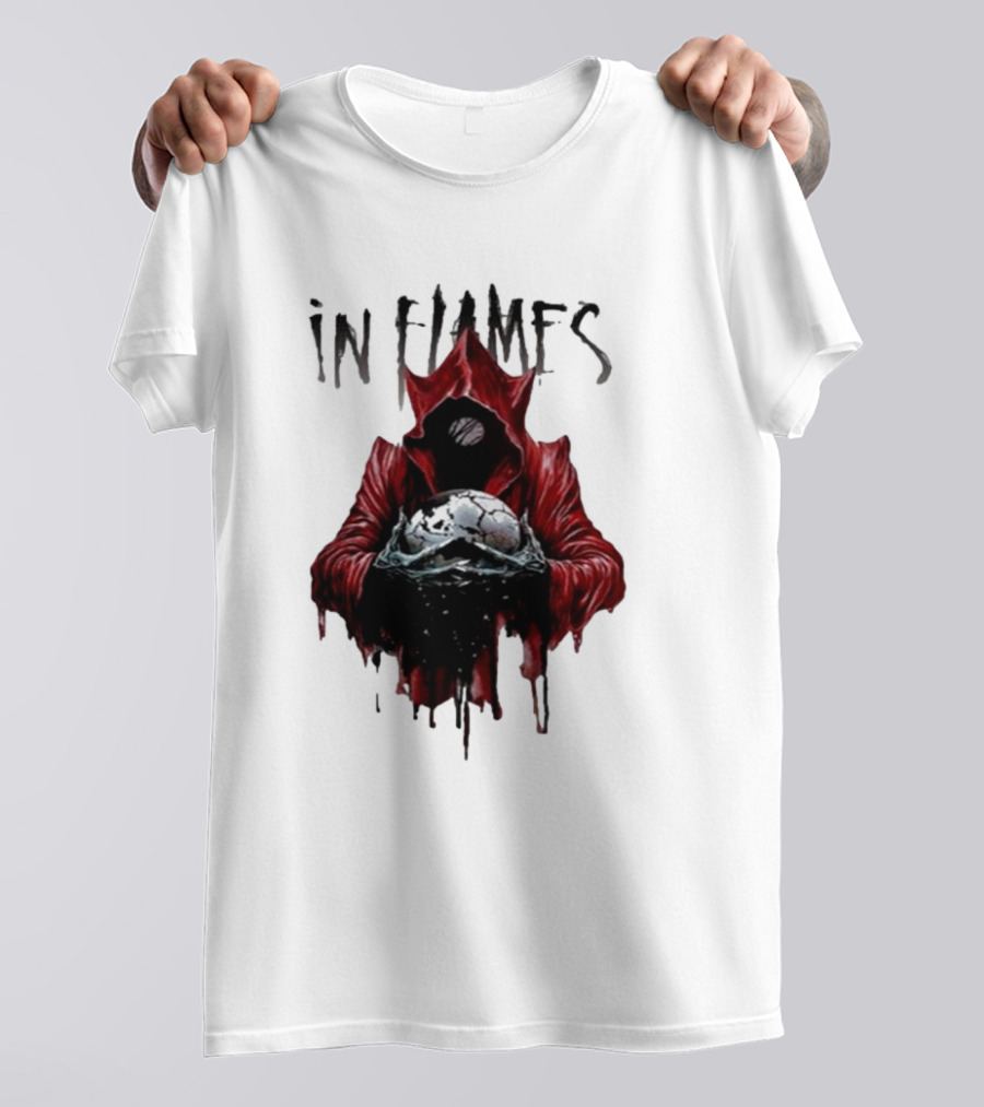 In Flames Siren Charms Red Hooded Figure Holding Cracked Mask T-Shirt