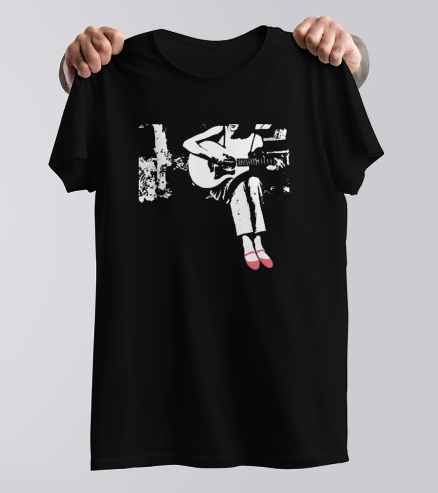Devon Gabriella Playing Acoustic Guitar Black And White Contrast Red Shoes T-Shirt