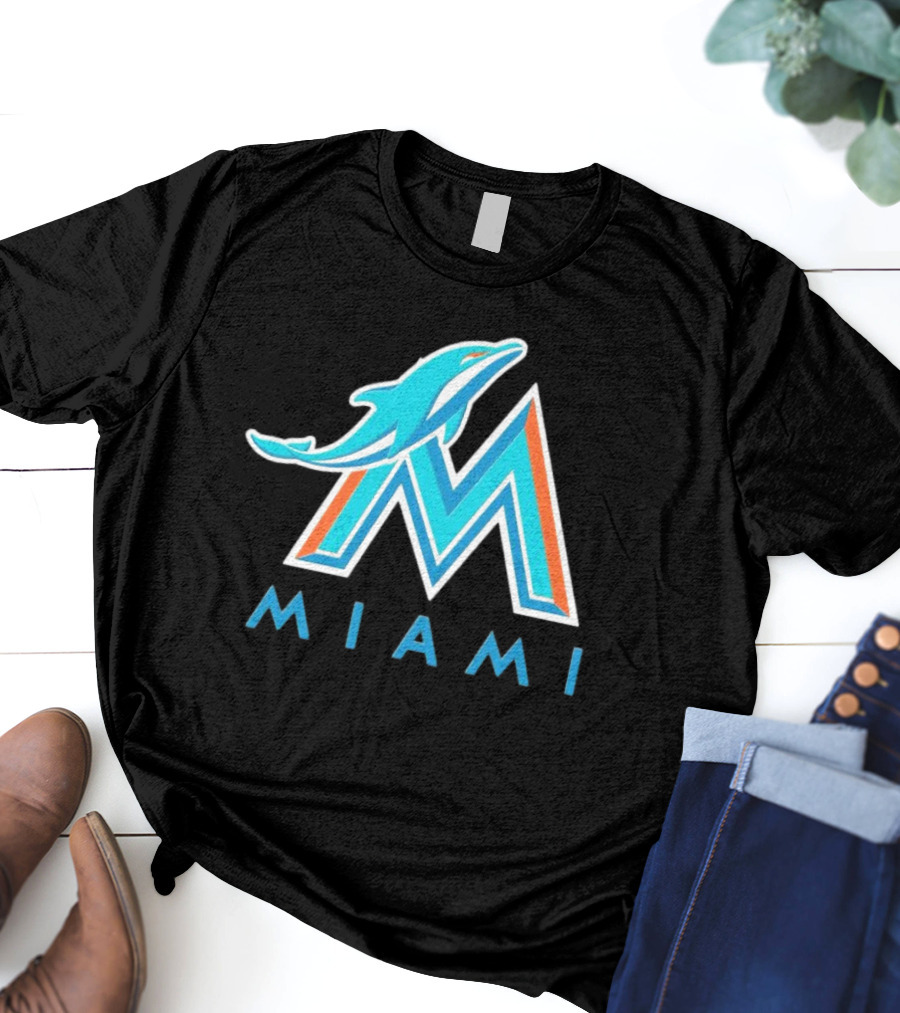 NFL X MLB Miami Dolphins X Miami Marlins M Logo Mashup Miami T-Shirt