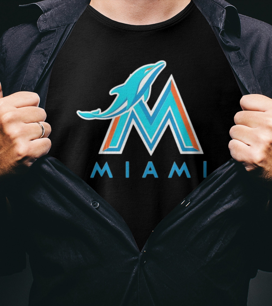 NFL X MLB Miami Dolphins X Miami Marlins M Logo Mashup Miami T-Shirt