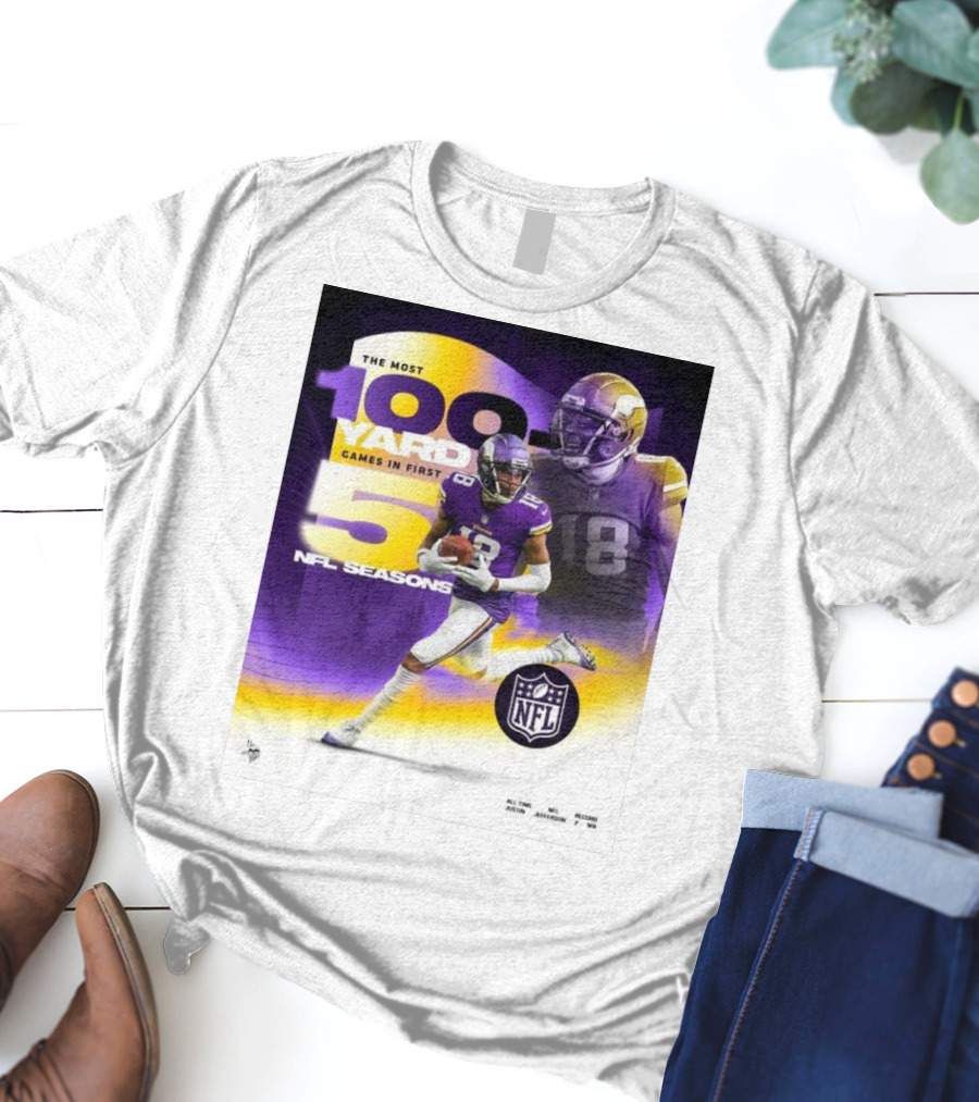 The Most 100 Yard Games In First 5 NFL Seasons Minnesota Vikings Justin Jefferson T-Shirt