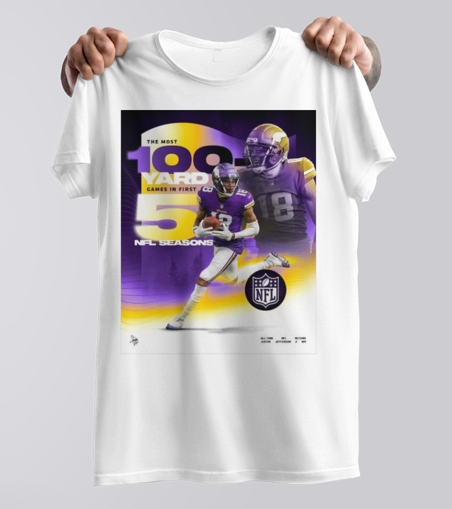 The Most 100 Yard Games In First 5 NFL Seasons Minnesota Vikings Justin Jefferson T-Shirt