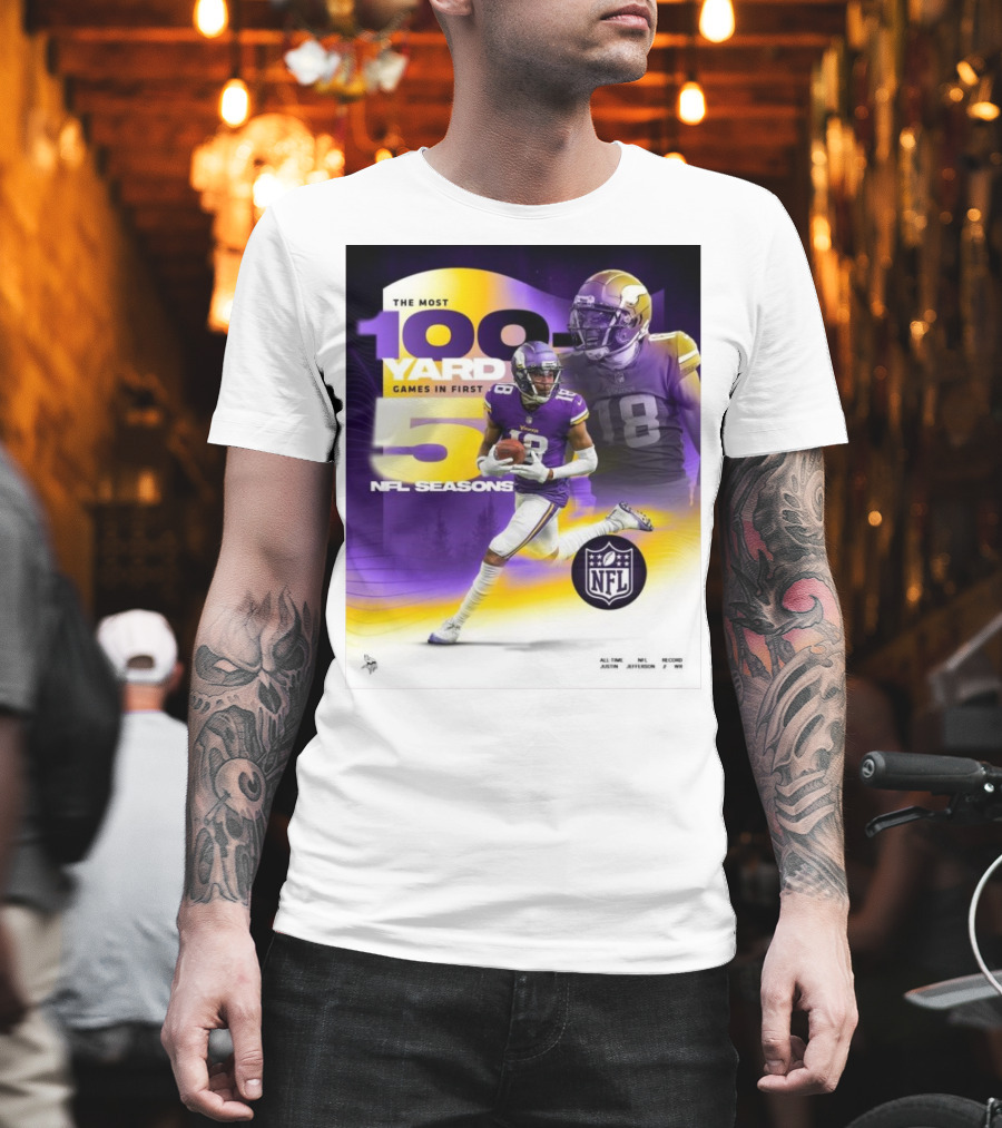 The Most 100 Yard Games In First 5 NFL Seasons Minnesota Vikings Justin Jefferson T-Shirt