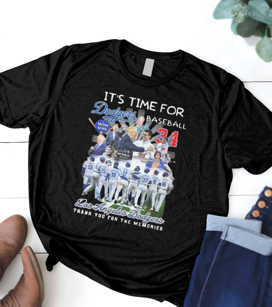 Los Angeles Dodgers It's Time For Baseball Thank You For The Memories Vin Scully 34 Signatures T-Shirt
