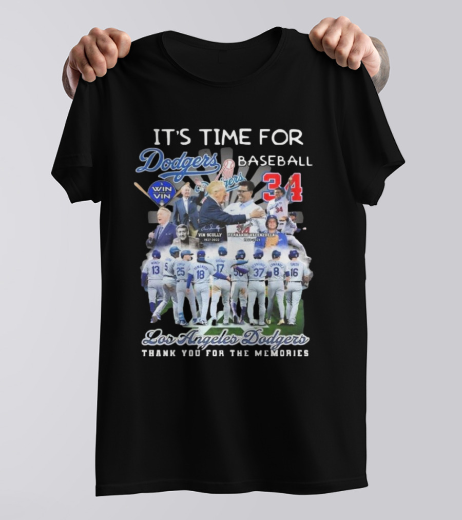 Los Angeles Dodgers It's Time For Baseball Thank You For The Memories Vin Scully 34 Signatures T-Shirt
