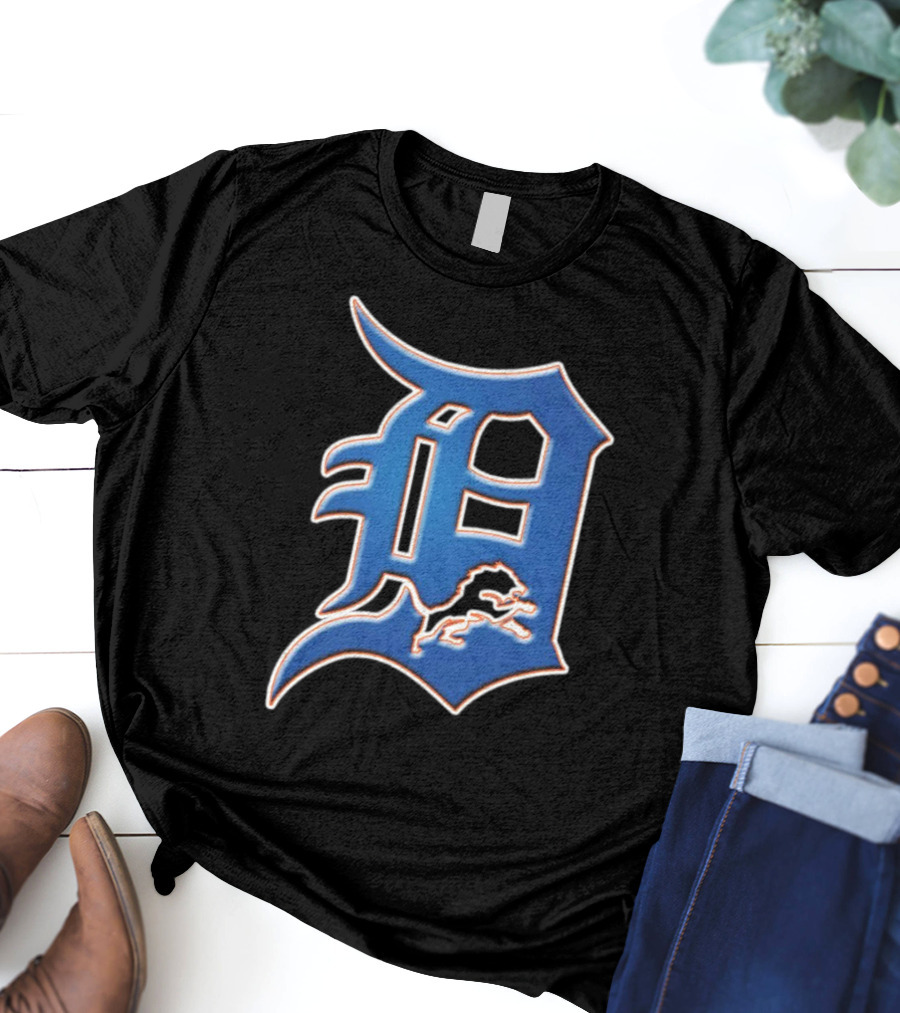 Detroit Lions Tigers Logo Mashup NFL MLB Blue D T-Shirt