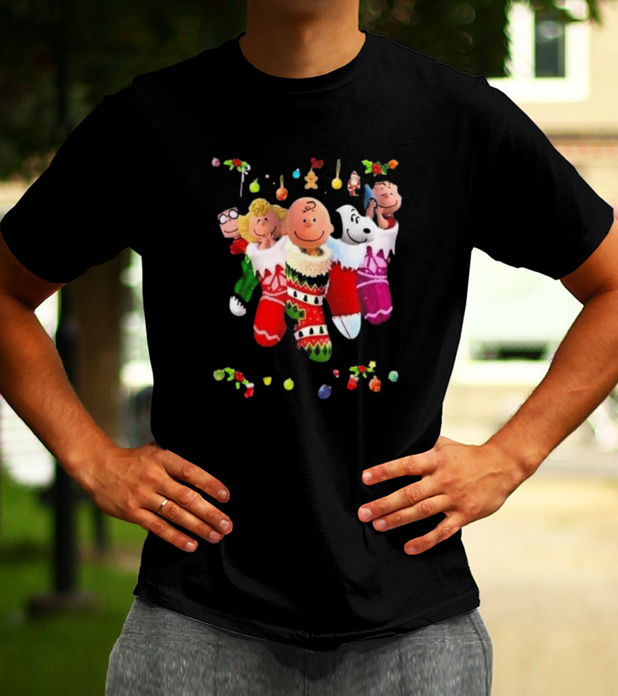 Peanuts Snoopy Charlie Brown Christmas Stockings Santa Claus Friends Holiday Cheer T-Shirt