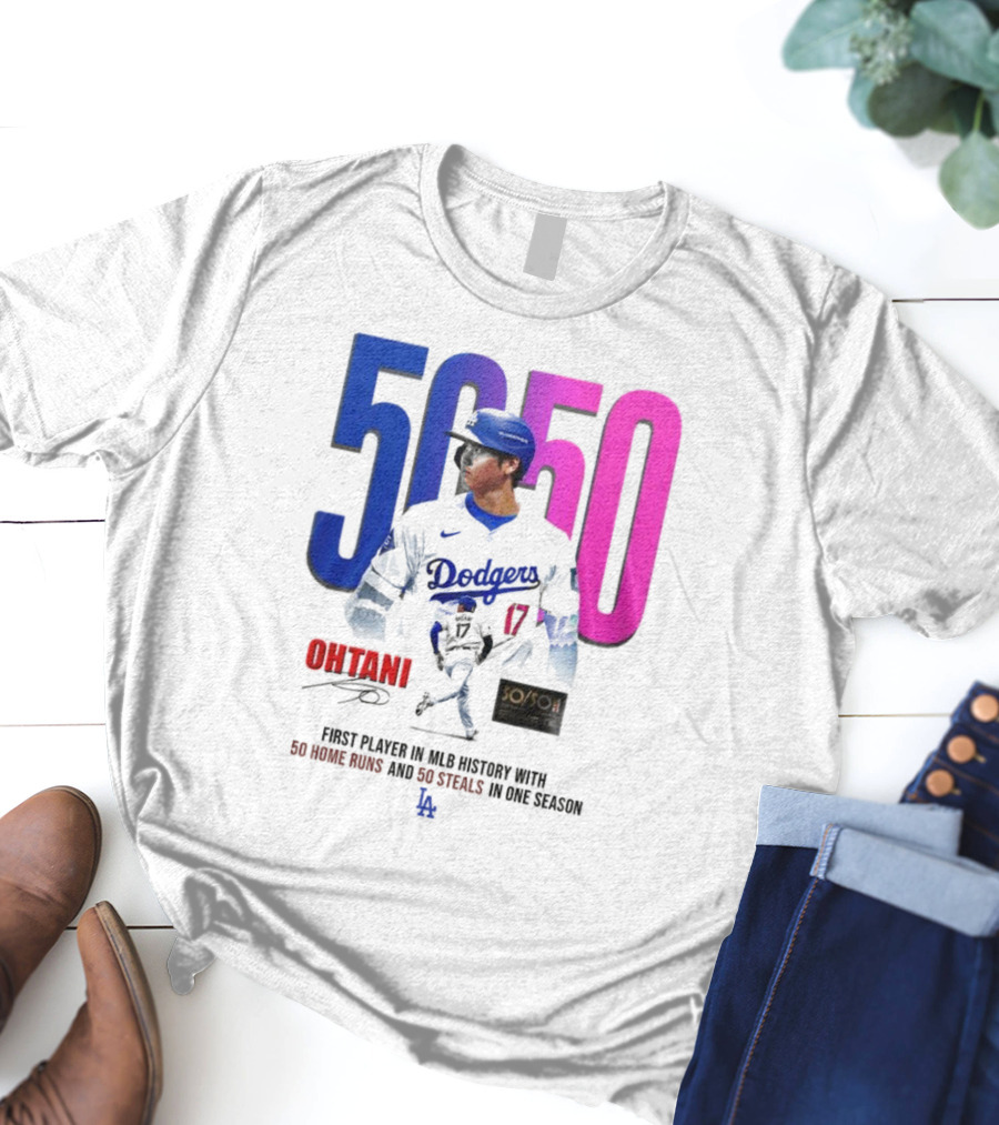 Los Angeles Dodgers Shohei Ohtani 50/50 First Player In MLB History With 50 Home Runs And 50 Steals In One Season T-Shirt