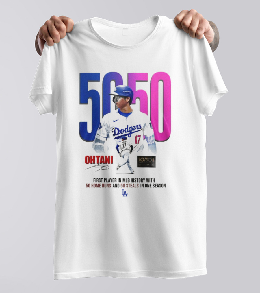 Los Angeles Dodgers Shohei Ohtani 50/50 First Player In MLB History With 50 Home Runs And 50 Steals In One Season T-Shirt