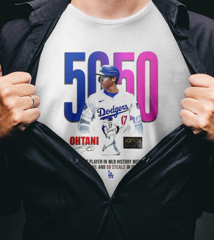 Los Angeles Dodgers Shohei Ohtani 50/50 First Player In MLB History With 50 Home Runs And 50 Steals In One Season T-Shirt